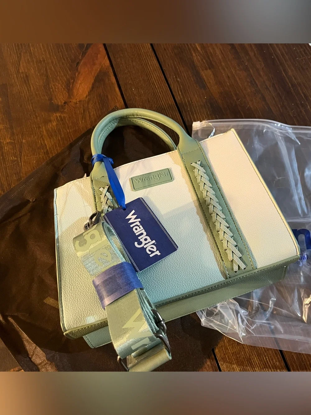 Wrangler Cream and Sage Braided-Trim Satchel with Removable Strap